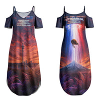 New Zealand Aotearoa Kiwi UFO Couples Matching Summer Maxi Dress and Long Sleeve Button Shirt Sci-Fi Galaxy Sunset Sky Tower And Mountain