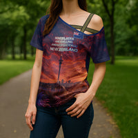 New Zealand Aotearoa Kiwi UFO Cross Shoulder Shirt Sci-Fi Galaxy Sunset Sky Tower And Mountain