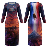New Zealand Aotearoa Kiwi UFO Family Matching Long Sleeve Bodycon Dress and Hawaiian Shirt Sci-Fi Galaxy Sunset Sky Tower And Mountain