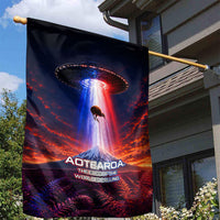 New Zealand Aotearoa Kiwi UFO Garden Flag Sci-Fi Galaxy Sunset Sky Tower And Mountain