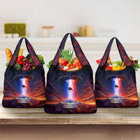 New Zealand Aotearoa Kiwi UFO Grocery Bag Sci-Fi Galaxy Sunset Sky Tower And Mountain