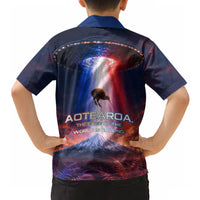 New Zealand Aotearoa Kiwi UFO Hawaiian Shirt Sci-Fi Galaxy Sunset Sky Tower And Mountain