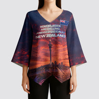 New Zealand Aotearoa Kiwi UFO Kimono Sleeve Blouse Sci-Fi Galaxy Sunset Sky Tower And Mountain