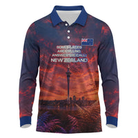 New Zealand Aotearoa Kiwi UFO Long Sleeve Polo Shirt Sci-Fi Galaxy Sunset Sky Tower And Mountain