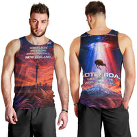 New Zealand Aotearoa Kiwi UFO Men Tank Top Sci-Fi Galaxy Sunset Sky Tower And Mountain