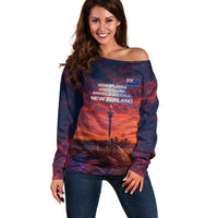 New Zealand Aotearoa Kiwi UFO Off Shoulder Sweater Sci-Fi Galaxy Sunset Sky Tower And Mountain