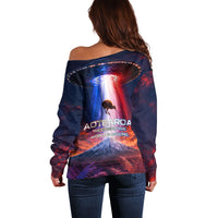 New Zealand Aotearoa Kiwi UFO Off Shoulder Sweater Sci-Fi Galaxy Sunset Sky Tower And Mountain