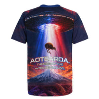 New Zealand Aotearoa Kiwi UFO Rugby Jersey Sci-Fi Galaxy Sunset Sky Tower And Mountain