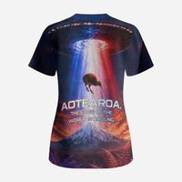 New Zealand Aotearoa Kiwi UFO Scrub Top Sci-Fi Galaxy Sunset Sky Tower And Mountain