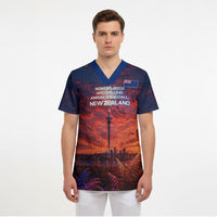New Zealand Aotearoa Kiwi UFO Scrub Top Sci-Fi Galaxy Sunset Sky Tower And Mountain