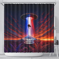New Zealand Aotearoa Kiwi UFO Shower Curtain Sci-Fi Galaxy Sunset Sky Tower And Mountain