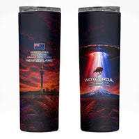 New Zealand Aotearoa Kiwi UFO Skinny Tumbler Sci-Fi Galaxy Sunset Sky Tower And Mountain