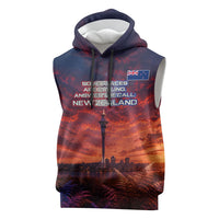 New Zealand Aotearoa Kiwi UFO Sleeveless Hoodie Sci-Fi Galaxy Sunset Sky Tower And Mountain