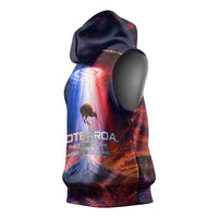 New Zealand Aotearoa Kiwi UFO Sleeveless Hoodie Sci-Fi Galaxy Sunset Sky Tower And Mountain