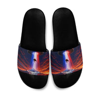 New Zealand Aotearoa Kiwi UFO Slide Sandals Sci-Fi Galaxy Sunset Sky Tower And Mountain