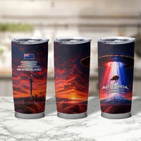 New Zealand Aotearoa Kiwi UFO Tumbler Cup Sci-Fi Galaxy Sunset Sky Tower And Mountain