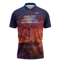 New Zealand Aotearoa Kiwi UFO Zipper Polo Shirt Sci-Fi Galaxy Sunset Sky Tower And Mountain