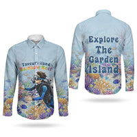 Fiji Taveuni Rainbow Reef Couples Matching Off The Shoulder Long Sleeve Dress and Long Sleeve Button Shirt Scuba Diver Vibrant Undersea Coral Garden Watercolor