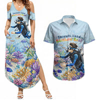 Fiji Taveuni Rainbow Reef Couples Matching Summer Maxi Dress and Hawaiian Shirt Scuba Diver Vibrant Undersea Coral Garden Watercolor