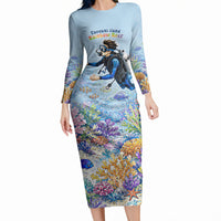 Fiji Taveuni Rainbow Reef Long Sleeve Bodycon Dress Scuba Diver Vibrant Undersea Coral Garden Watercolor