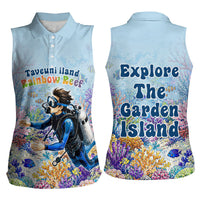 Fiji Taveuni Rainbow Reef Women Sleeveless Polo Shirt Scuba Diver Vibrant Undersea Coral Garden Watercolor