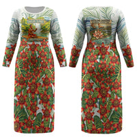 Fiji Taveuni Island Dateline Crossing Couples Matching Long Sleeve Bodycon Dress and Hawaiian Shirt Tropical Cultural Landscape With Tagimoucia Floral Pattern