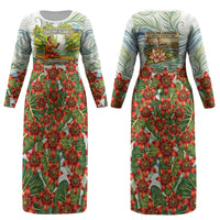 Fiji Taveuni Island Dateline Crossing Couples Matching Long Sleeve Bodycon Dress and Long Sleeve Button Shirt Tropical Cultural Landscape With Tagimoucia Floral Pattern
