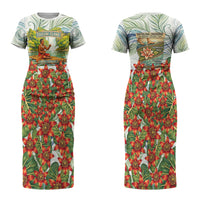 Fiji Taveuni Island Dateline Crossing Couples Matching Short Sleeve Bodycon Dress and Long Sleeve Button Shirt Tropical Cultural Landscape With Tagimoucia Floral Pattern
