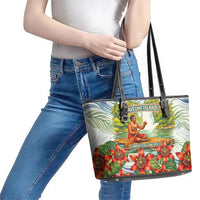 Fiji Taveuni Island Dateline Crossing Leather Tote Bag Tropical Cultural Landscape With Tagimoucia Floral Pattern
