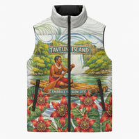 Fiji Taveuni Island Dateline Crossing Sleeveless Puffer Jacket Tropical Cultural Landscape With Tagimoucia Floral Pattern