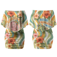 Hawaii Aloha Academy Back To School Couples Matching Off Shoulder Short Dress and Hawaiian Shirt Sea Turtle Tropical Hibiscus Flowers Retro Psychedelic