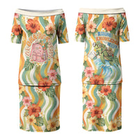 Hawaii Aloha Academy Back To School Couples Matching Puletasi and Long Sleeve Button Shirt Sea Turtle Tropical Hibiscus Flowers Retro Psychedelic