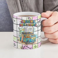 Hawaii Cruising Back To School Ceramic Mug Grid Pattern With School Bag And Vintage Surf Van