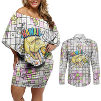 Hawaii Cruising Back To School Couples Matching Off Shoulder Short Dress and Long Sleeve Button Shirt Grid Pattern With School Bag And Vintage Surf Van