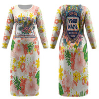 Personalized Hawaii School Club Back To Class Family Matching Long Sleeve Bodycon Dress and Hawaiian Shirt Retro Tropical Hibiscus Pattern With Open Notebook TS04 Mom's Dress White Orange - Polynesian Pride