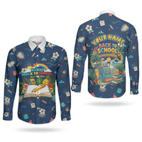 Personalized Hawaii Back To School Aloha Learning Couples Matching Mermaid Dress and Long Sleeve Button Shirt Retro Rainbow open Notebook with Pineapple and Hibiscus Flowers TS04 - Polynesian Pride