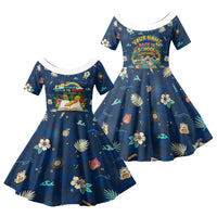 Personalized Hawaii Back To School Aloha Learning Family Matching Short Sleeve Bodycon Dress and Hawaiian Shirt Retro Rainbow open Notebook with Pineapple and Hibiscus Flowers TS04 Daughter's Dress Blue - Polynesian Pride
