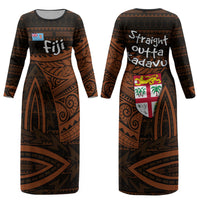 Straight Outta Kadavu Fiji Couples Matching Long Sleeve Bodycon Dress and Long Sleeve Button Shirt Tribal Polynesian Tattoo Coat Of Arms Flag