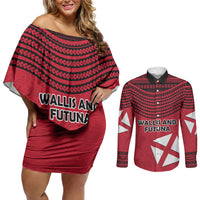 Wallis And Futuna Couples Matching Off Shoulder Short Dress and Long Sleeve Button Shirt Polynesian Tattoo Flag Map