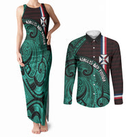 Wallis And Futuna Couples Matching Tank Maxi Dress and Long Sleeve Button Shirt Tribal Polynesian Tattoo Heritage Cross Flag