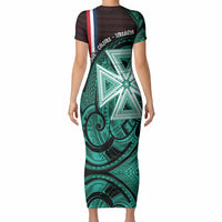 Wallis And Futuna Short Sleeve Bodycon Dress Tribal Polynesian Tattoo Heritage Cross Flag