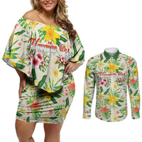 Hawaiian Piko Threads Of Paradise Aloha Couples Matching Off Shoulder Short Dress and Long Sleeve Button Shirt Tropical Hibiscus Plumeria