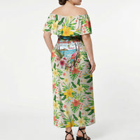 Hawaiian Piko Threads Of Paradise Aloha Off Shoulder Maxi Dress Tropical Hibiscus Plumeria