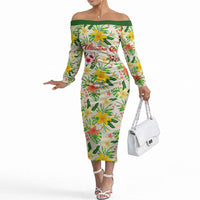 Hawaiian Piko Threads Of Paradise Aloha Off The Shoulder Long Sleeve Dress Tropical Hibiscus Plumeria TS04 Women White Green - Polynesian Pride