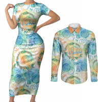 Hawaiian Piko Cultural Pride Aloha Couples Matching Short Sleeve Bodycon Dress and Long Sleeve Button Shirt Watercolor Spiral Art - Tropical Plumeria Lei Garland