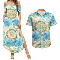 Hawaiian Piko Cultural Pride Aloha Couples Matching Summer Maxi Dress and Hawaiian Shirt Watercolor Spiral Art - Tropical Plumeria Lei Garland