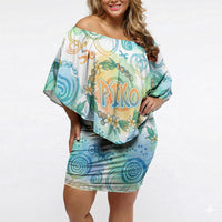 Hawaiian Piko Cultural Pride Aloha Off Shoulder Short Dress Watercolor Spiral Art - Tropical Plumeria Lei Garland
