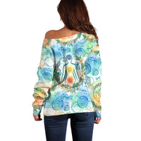 Hawaiian Piko Cultural Pride Aloha Off Shoulder Sweater Watercolor Spiral Art - Tropical Plumeria Lei Garland