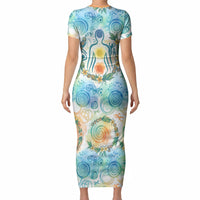 Hawaiian Piko Cultural Pride Aloha Short Sleeve Bodycon Dress Watercolor Spiral Art - Tropical Plumeria Lei Garland