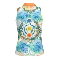 Hawaiian Piko Cultural Pride Aloha Women Sleeveless Polo Shirt Watercolor Spiral Art - Tropical Plumeria Lei Garland